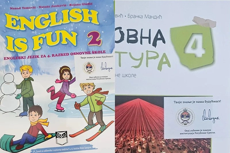 Na knjigama naljepnice s Dodikovim potpisom